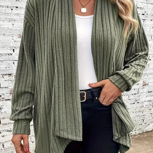  Casual Cardigan Women's Plus Solid Ribbed Long Sleeve Open Front