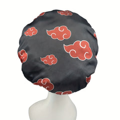 Red Cloud Printed Cosplay Bonnet Anime Shower Cap Satin Head Wrap Wide Headband