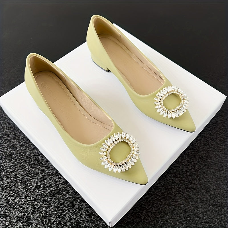 Rhinestone Slip On Point Toe Chunky Heel Shoes