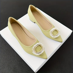Rhinestone Slip On Point Toe Chunky Heel Shoes
