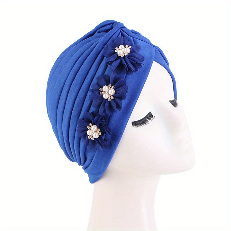 Pleated Flower Turban Cap Elastic Head Wrap Hijab Decor Casual Headscarf