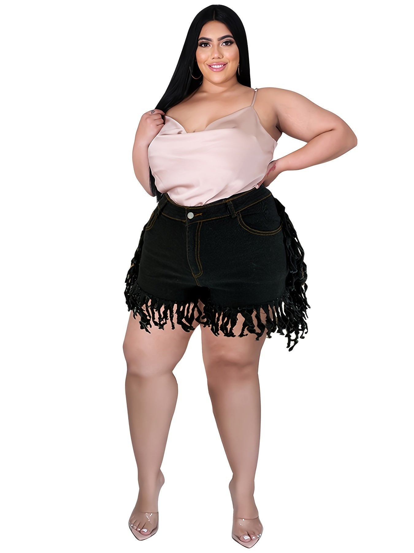  Fringe Trim Denim Shorts Women's Plus Medium Stretch Jean Shorts
