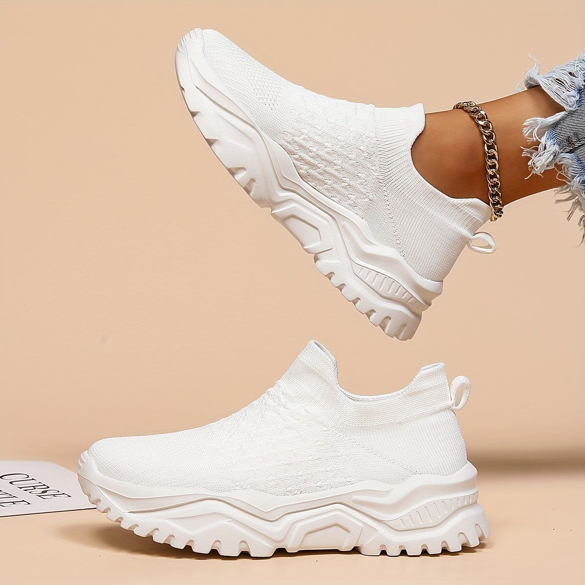 Women's Knitted Textured Running Shoes Lightweight Slip On Casual Sneakers