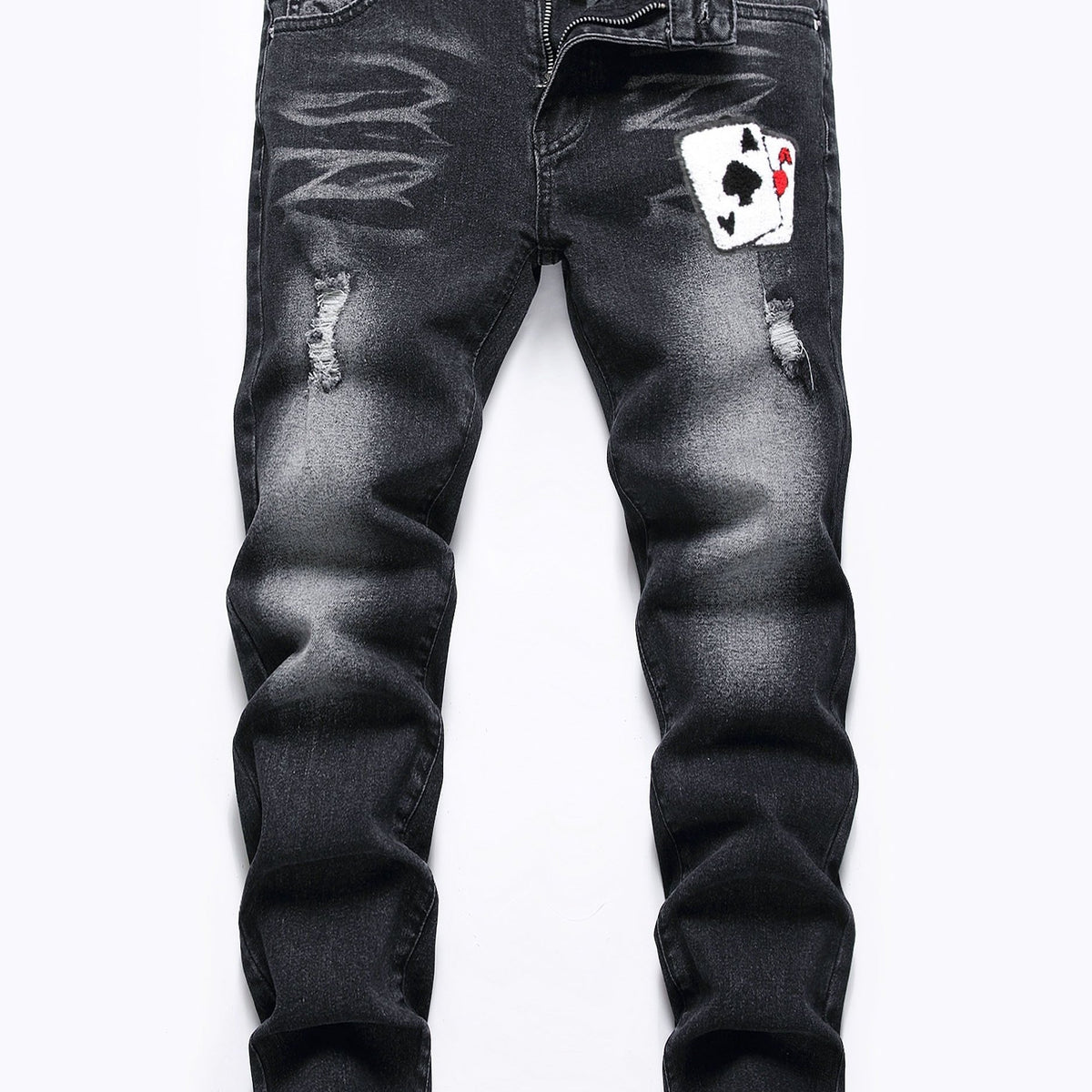 Boys Poker Card Embroidered Ripped Denim Slim Fit Jeans