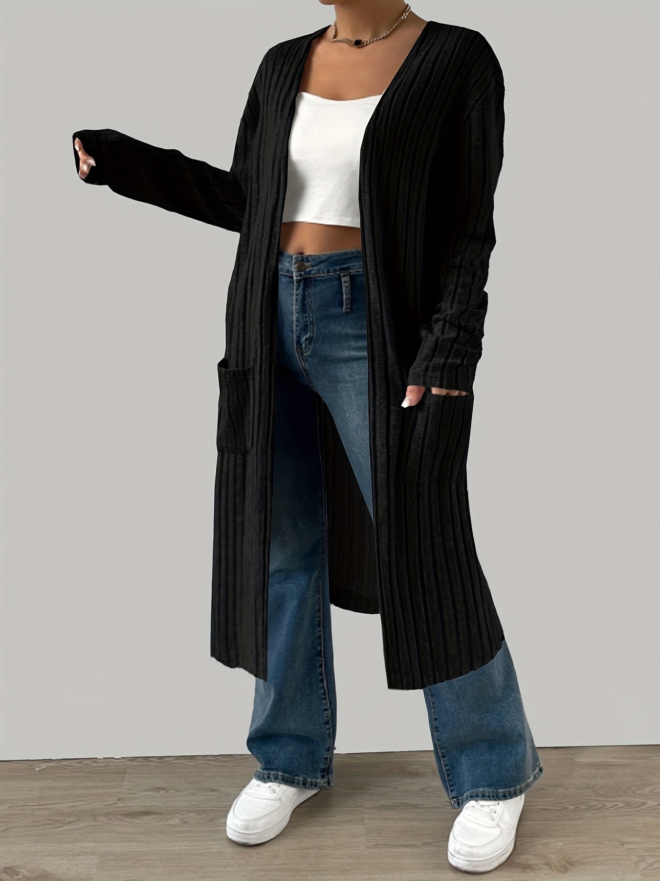  Solid Ribbed Long Sleeve Open Front Cardigan