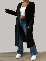  Solid Ribbed Long Sleeve Open Front Cardigan