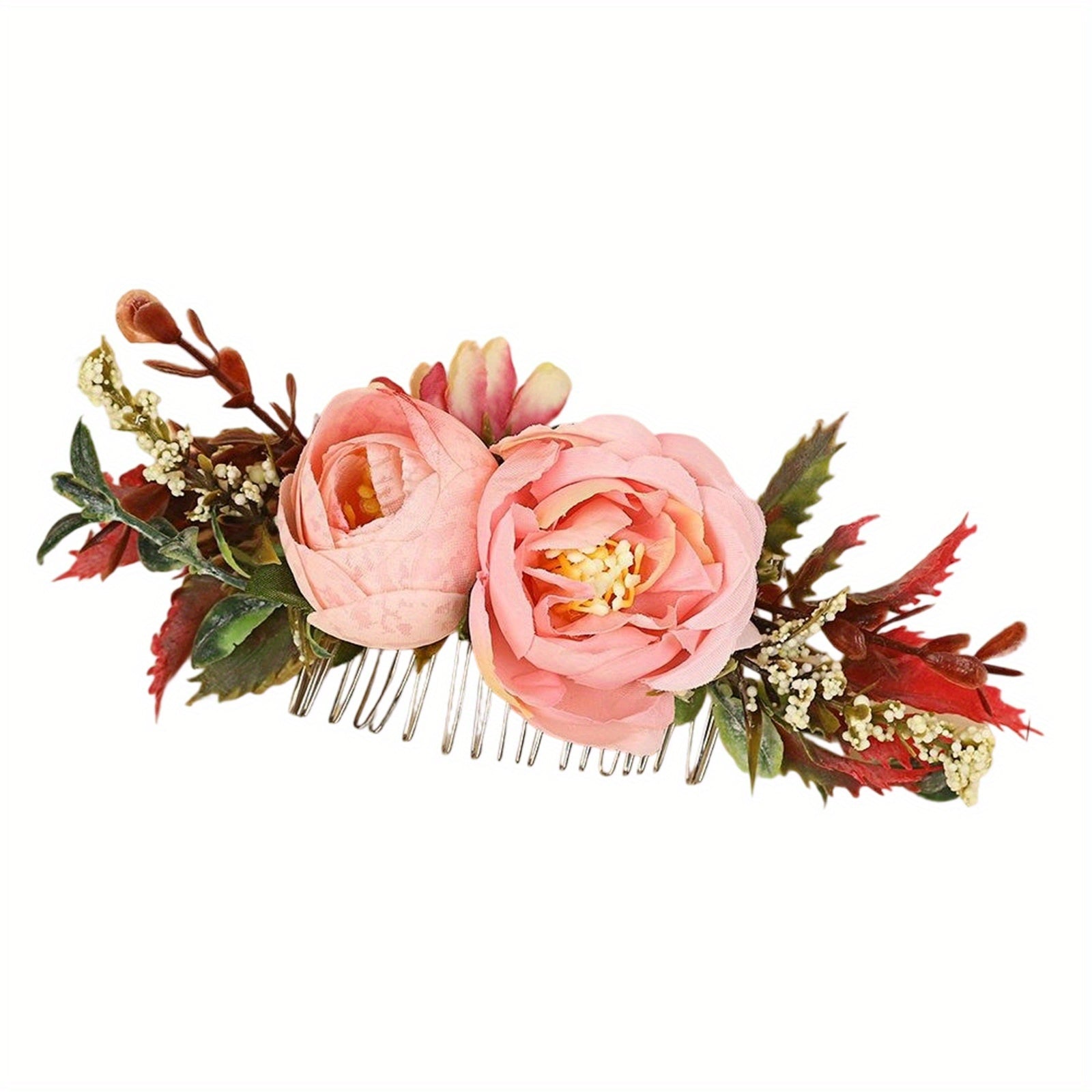Pink Rose Hair Comb Clip with Greenery for Wedding Prom