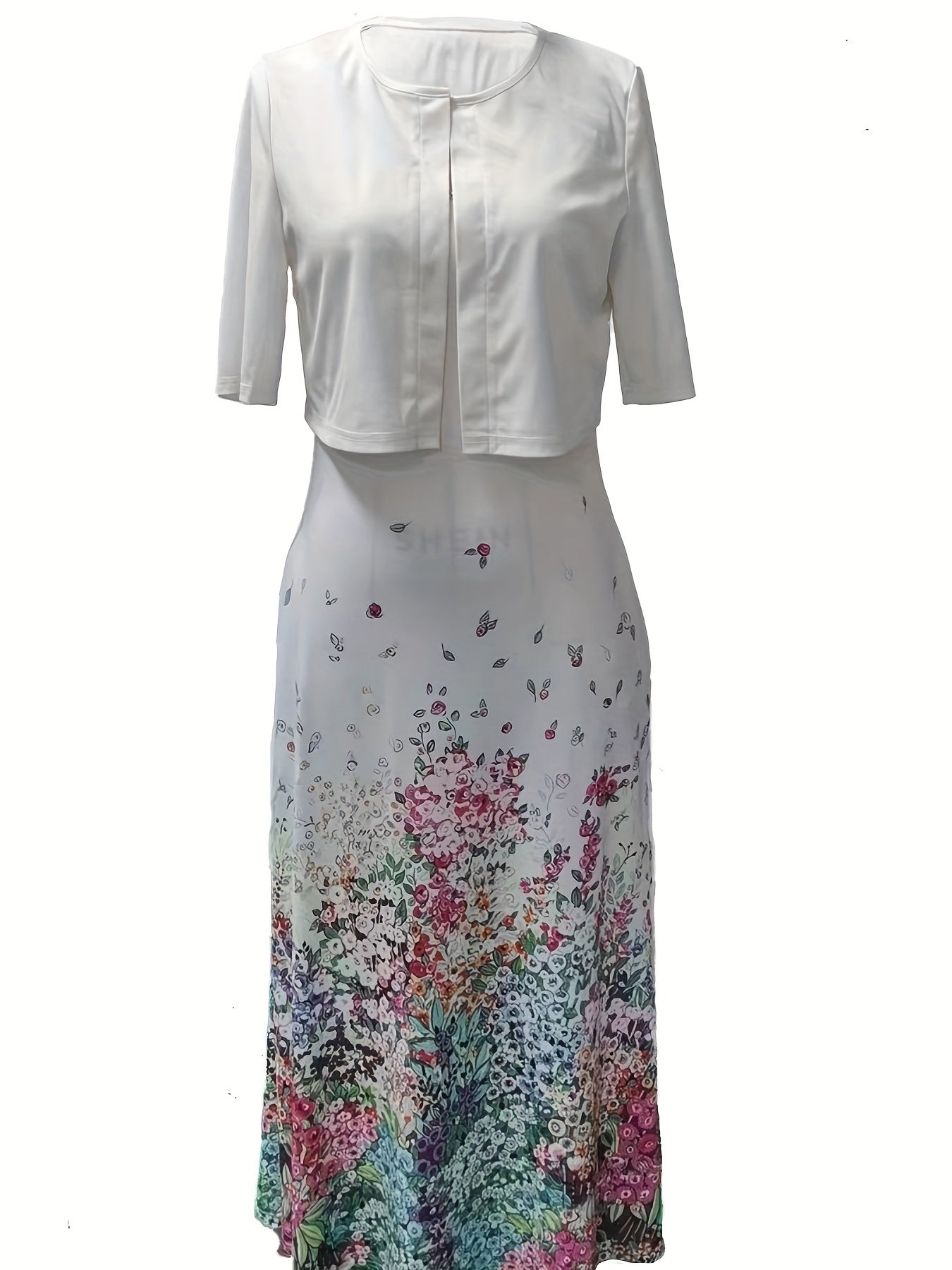 Two Piece Set Cropped Cardigan & Floral Print Dress