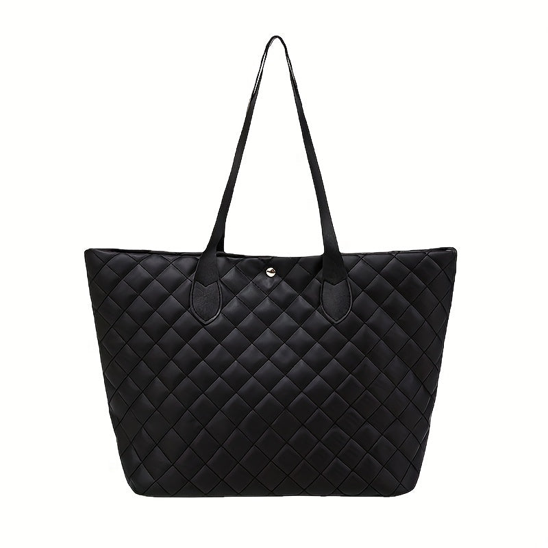 Argyle Quilted Tote Bag Large Capacity Stylish PU Leather Handbag