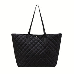 Argyle Quilted Tote Bag Large Capacity Stylish PU Leather Handbag