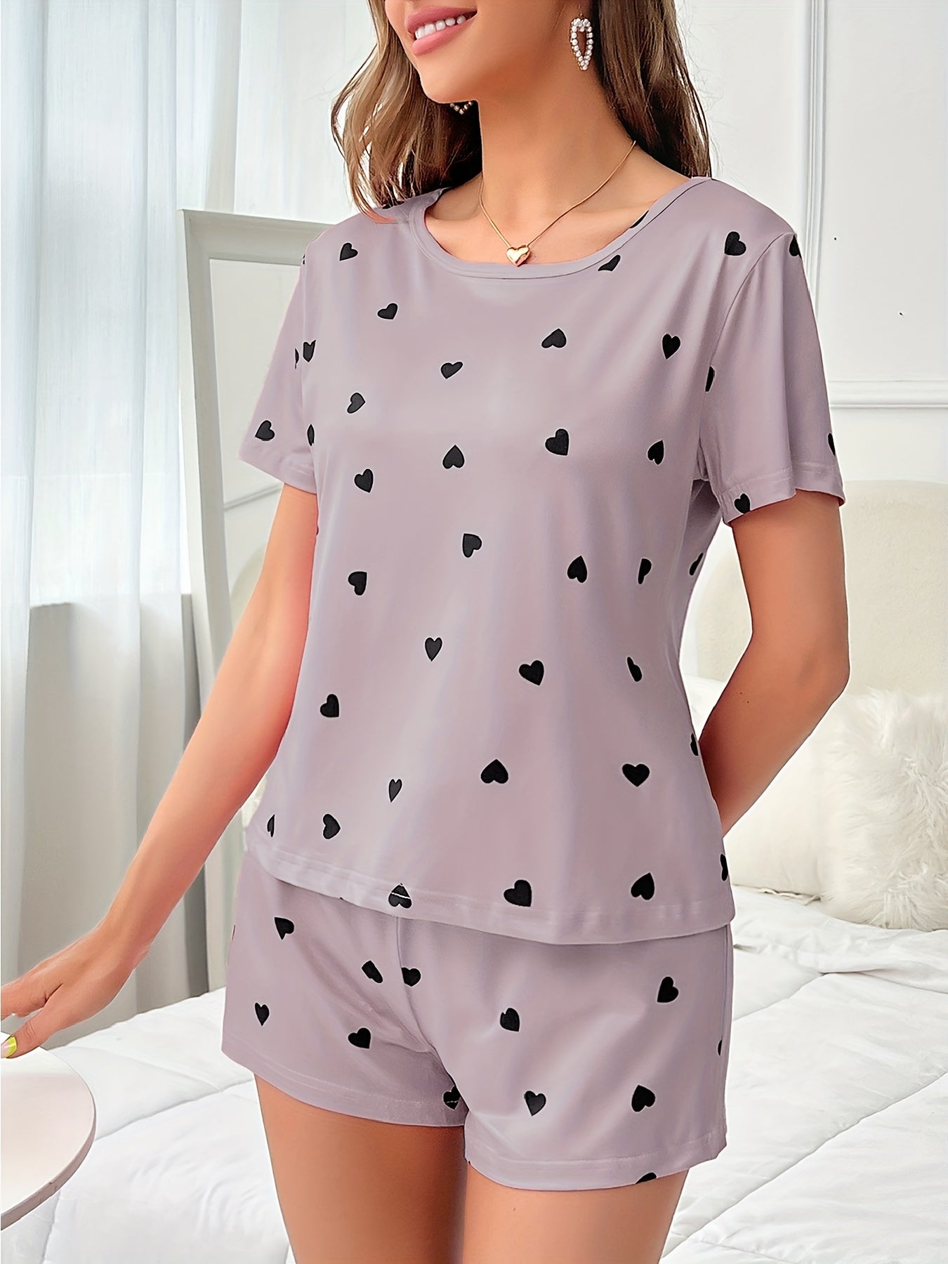 Heart Print Pajama Set Crew Neck Top & Loose Shorts Women's Loungewear