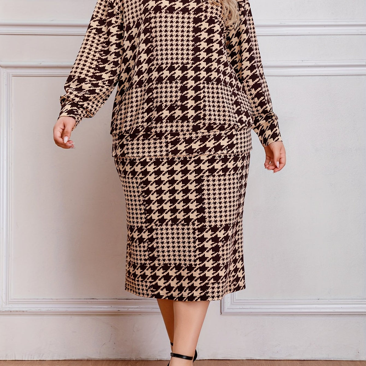  Houndstooth Print Top & Skirt Set