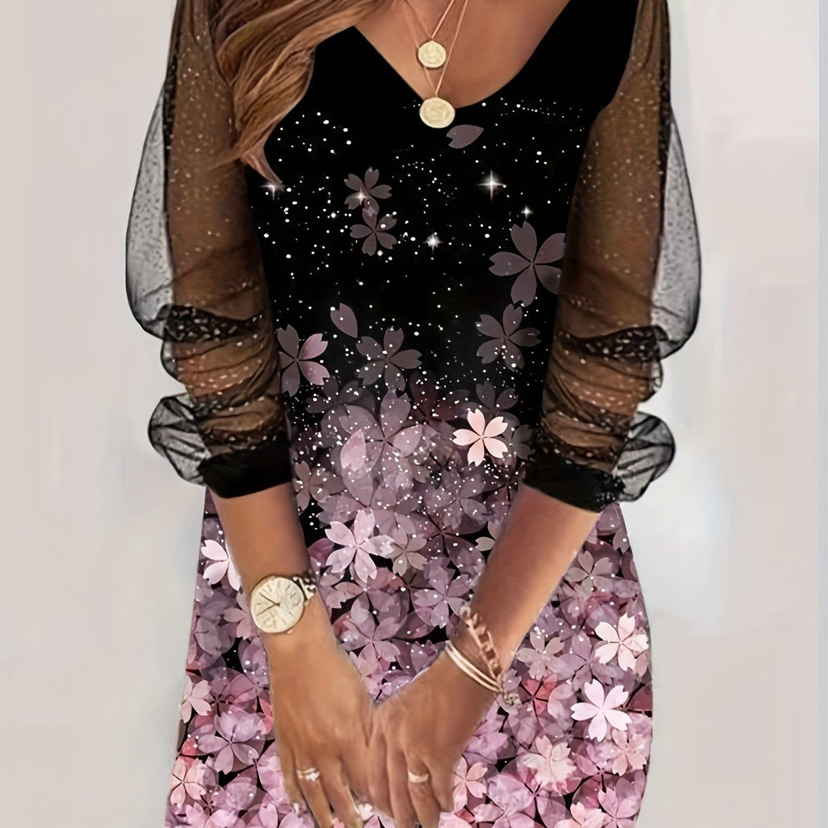  Floral Print Mesh Sleeve V Neck Dress