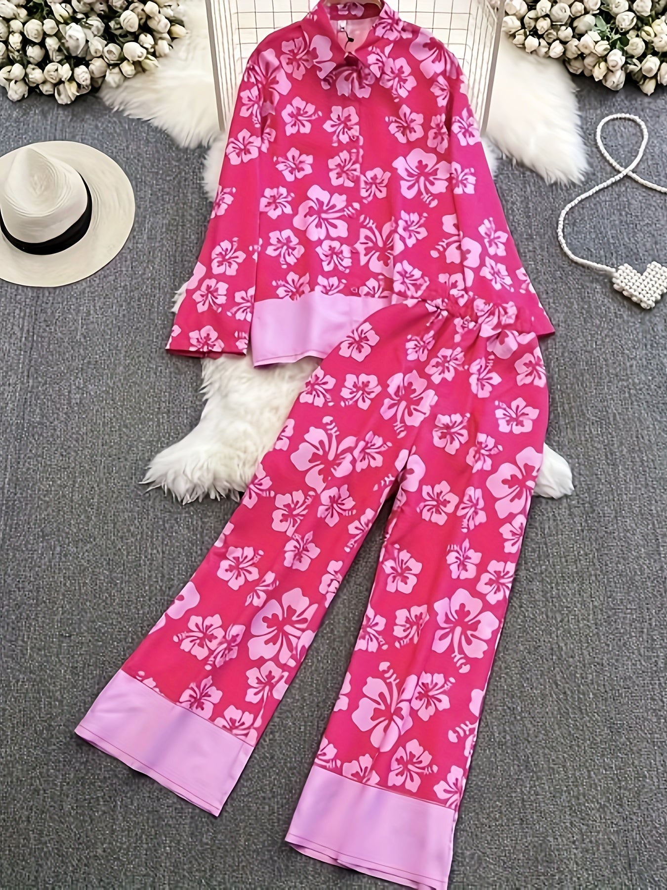  Floral Print Shirt & Pants Two Piece Set