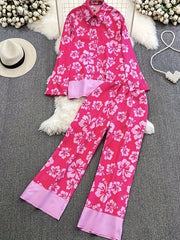  Floral Print Shirt & Pants Two Piece Set