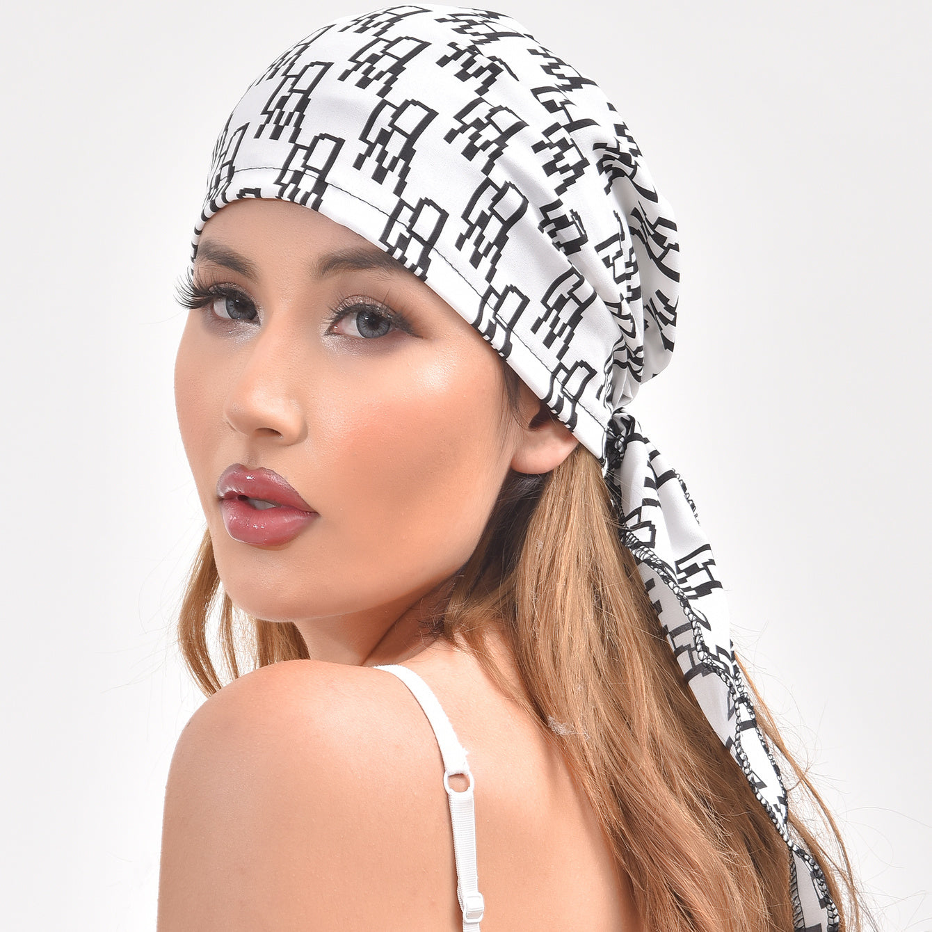 Geometric Print Turban Hat Hair Cap Lightweight Ribbon Long Hair Bonnet