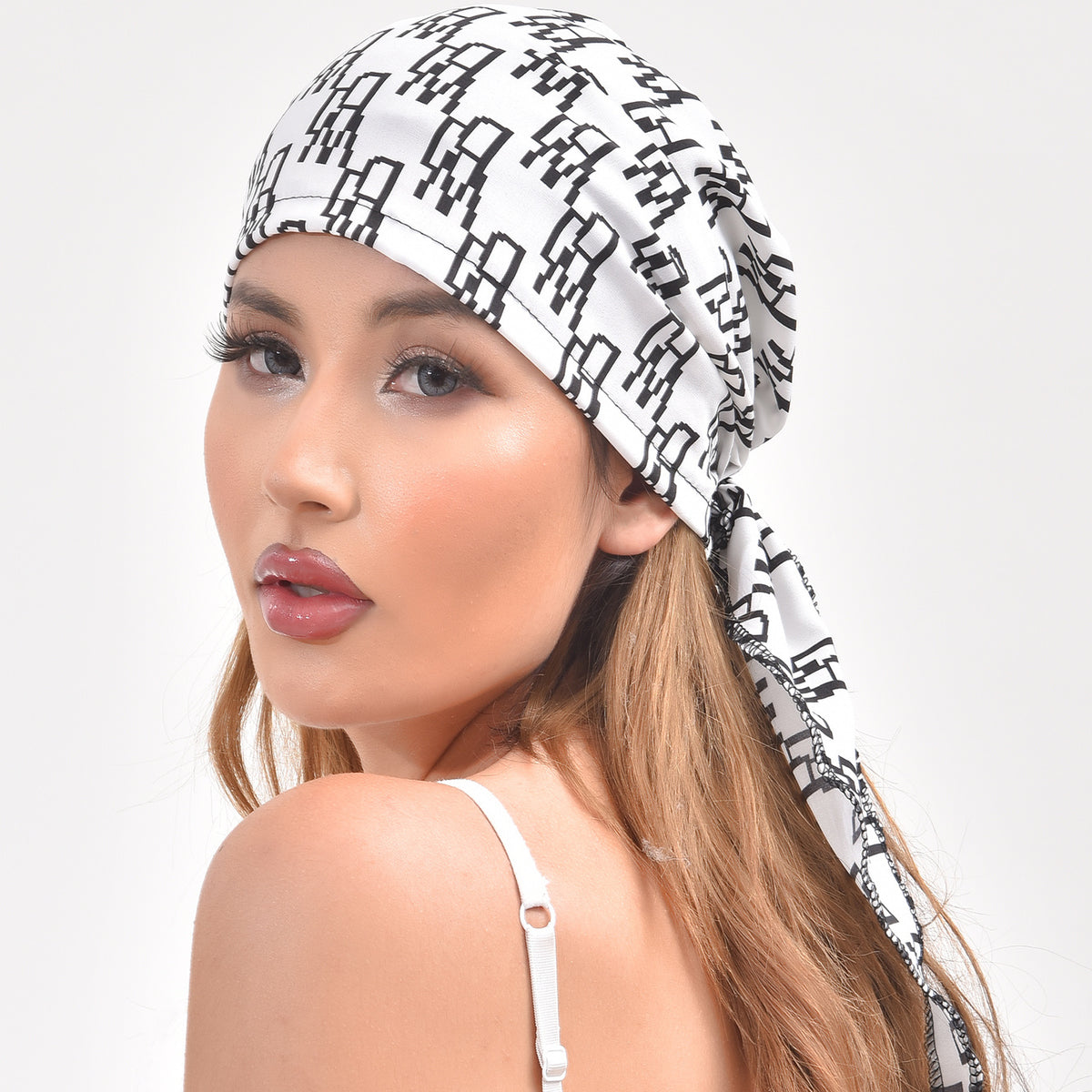 Geometric Print Turban Hat Hair Cap Lightweight Ribbon Long Hair Bonnet