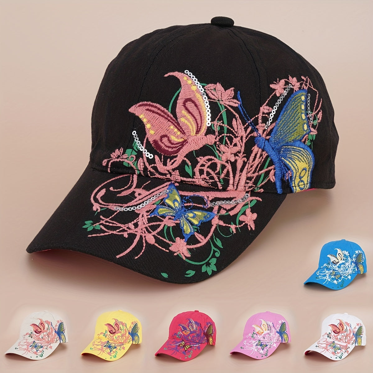 Y2K Butterfly Embroidery Baseball Cap Vintage Solid Sun Hat