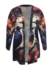  Retro Cardigan Women's Plus Painting Print Long Sleeve Open Front