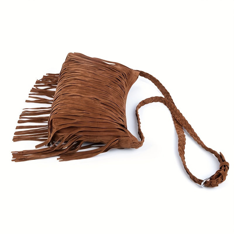 Fringe Solid Shoulder Bag Braided Strap Suede Stylish Crossbody Bag Zipper