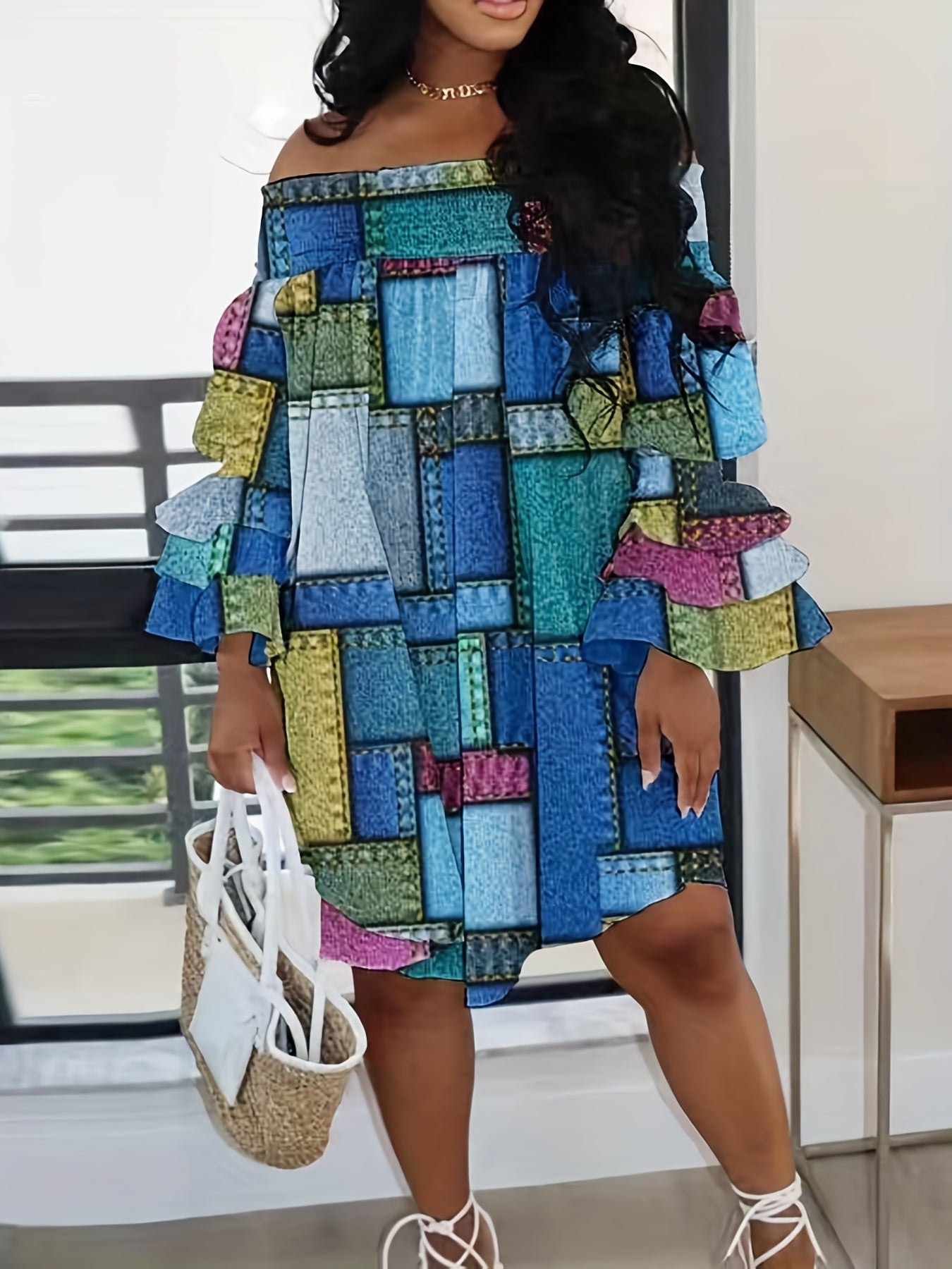  Denim Print Off Shoulder Dress