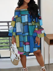  Denim Print Off Shoulder Dress