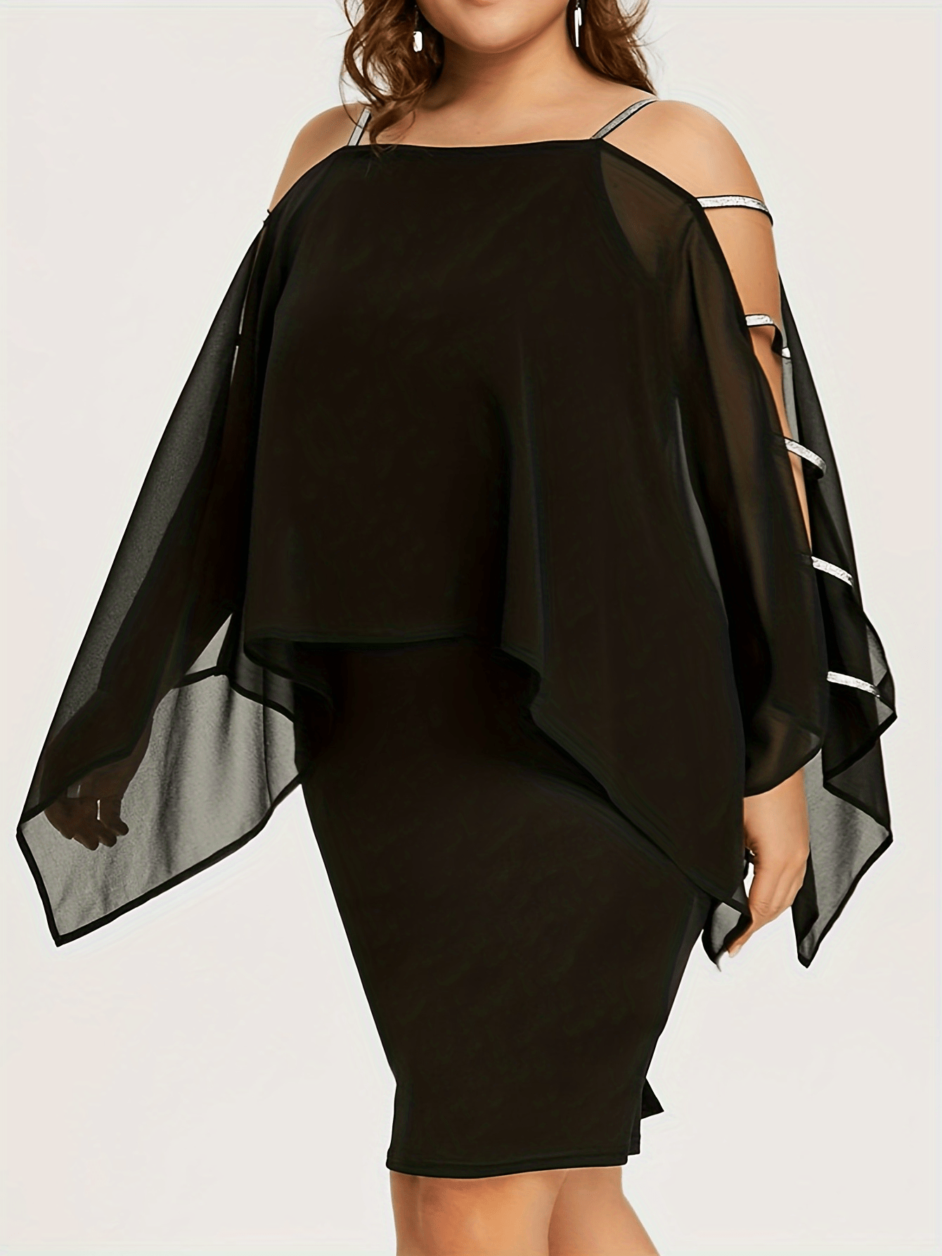  Casual Party Dress Women's Plus Mesh Layered Cut Out Sleeve Midi Dress