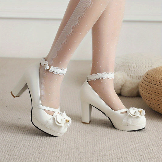 Women's Lolita Pumps Platform Heels Lace Bow Ankle Strap Block Heels