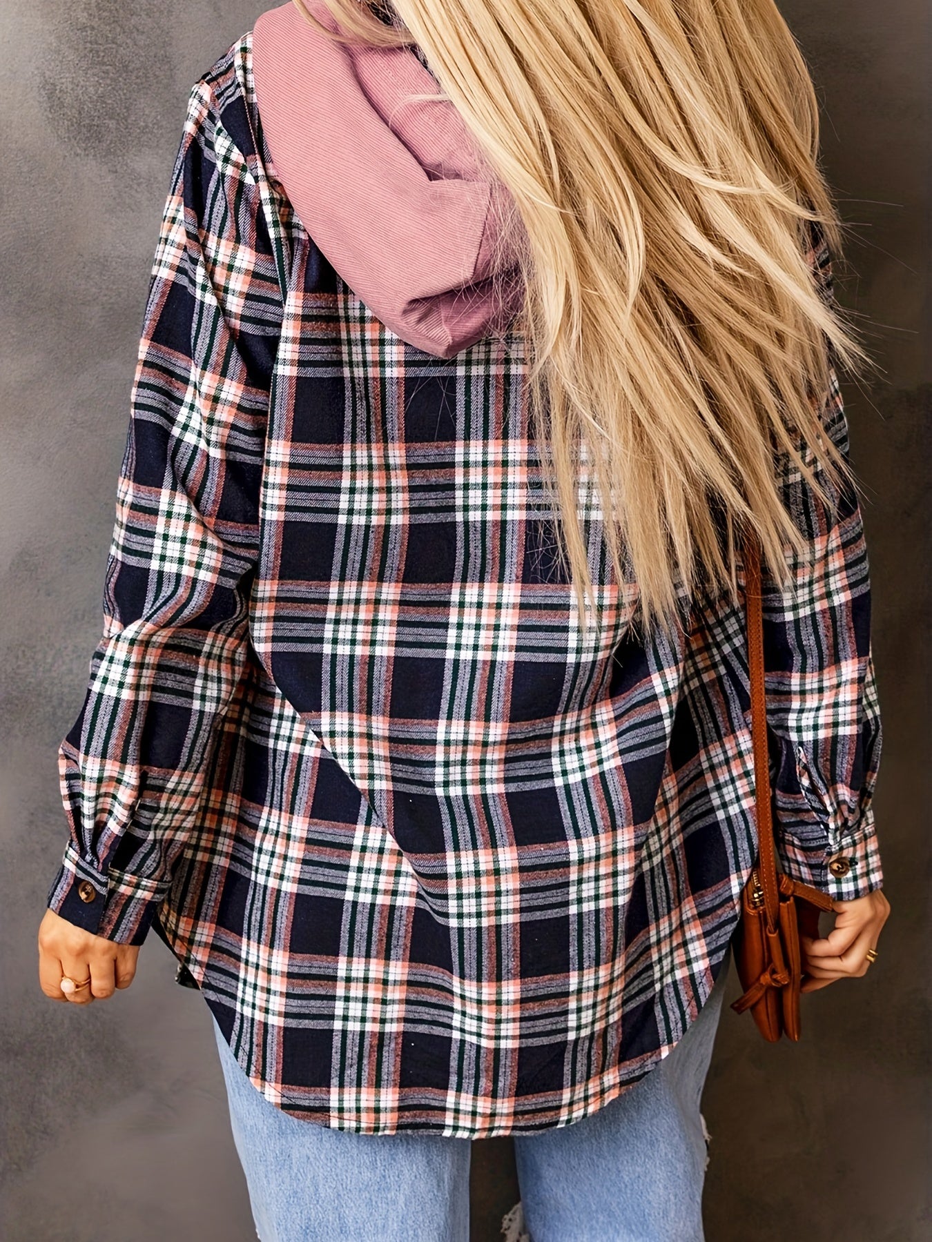 Plaid Print Button Up Long Sleeve Hooded Shacket