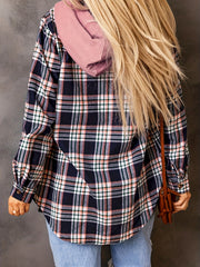  Plaid Print Button Up Long Sleeve Hooded Shacket