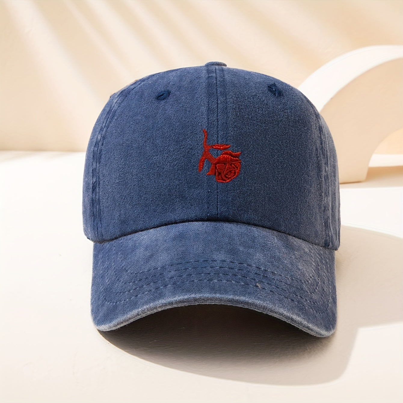 Red Rose Embroidery Baseball Cap Washed Distressed Sports Hat