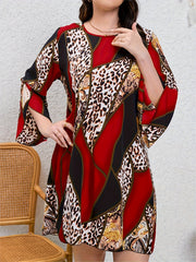  Colorblock Leopard Print Bell Sleeve Round Neck Casual Dress