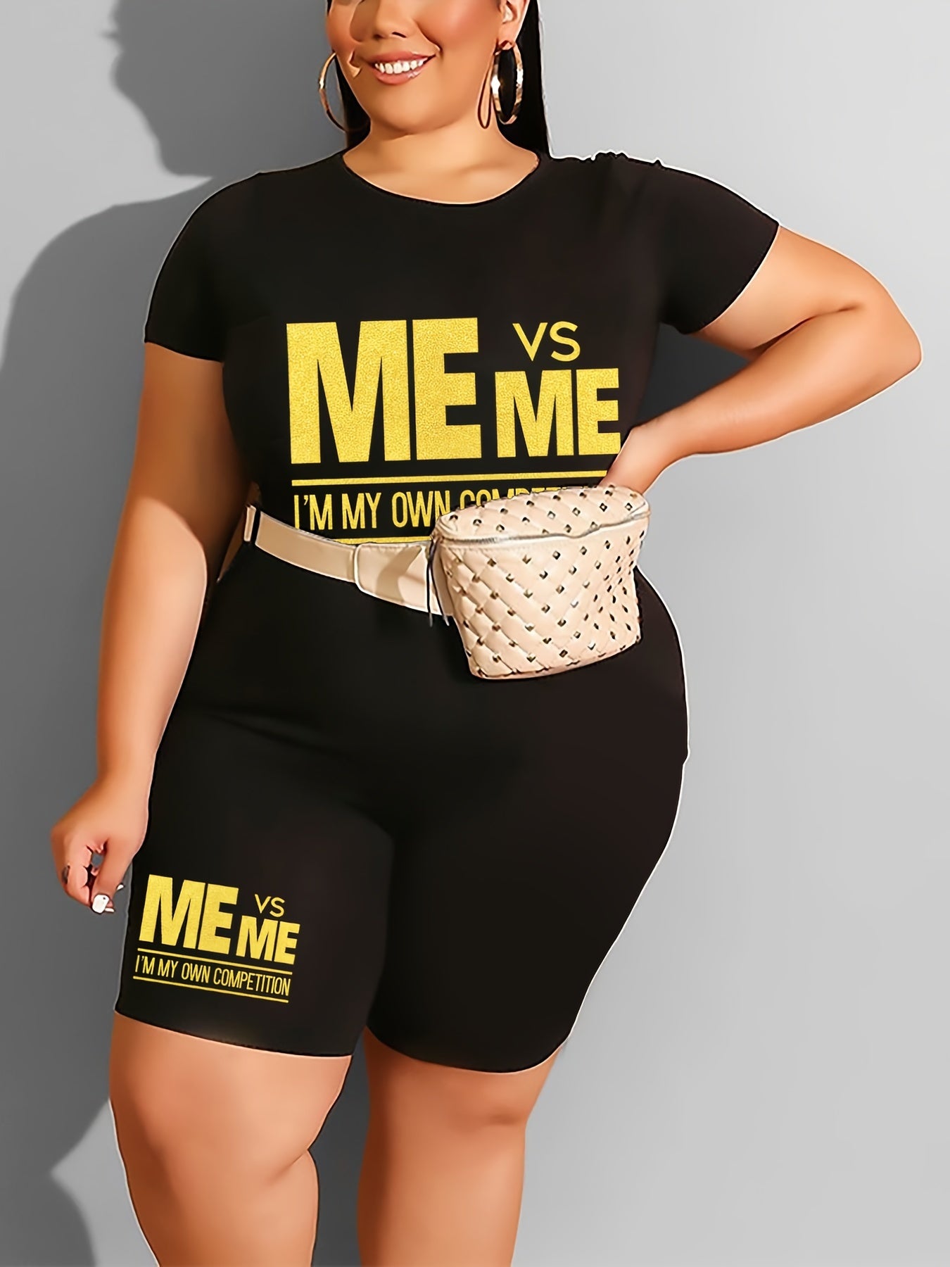  Casual T-shirt & Shorts Set Women's Plus Letter Print 2pcs Set Outfits