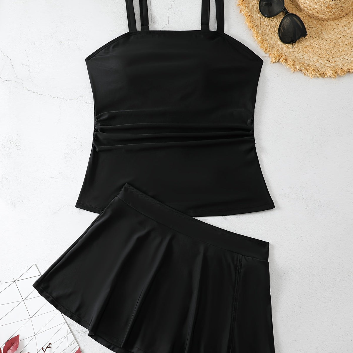  Solid Ruched Square Neck Tankini Set