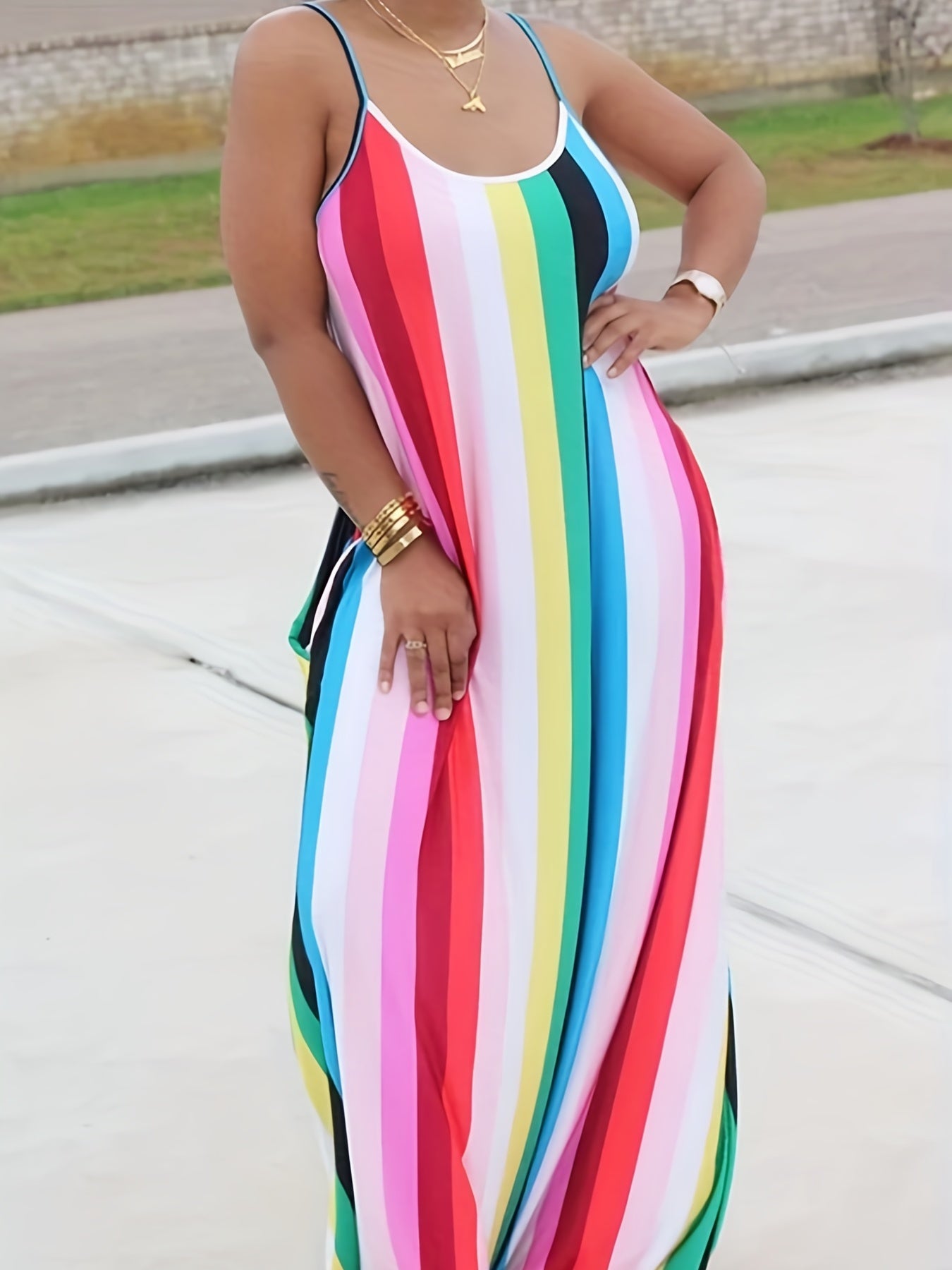 Sexy Colorful Striped Maxi Cami Dress