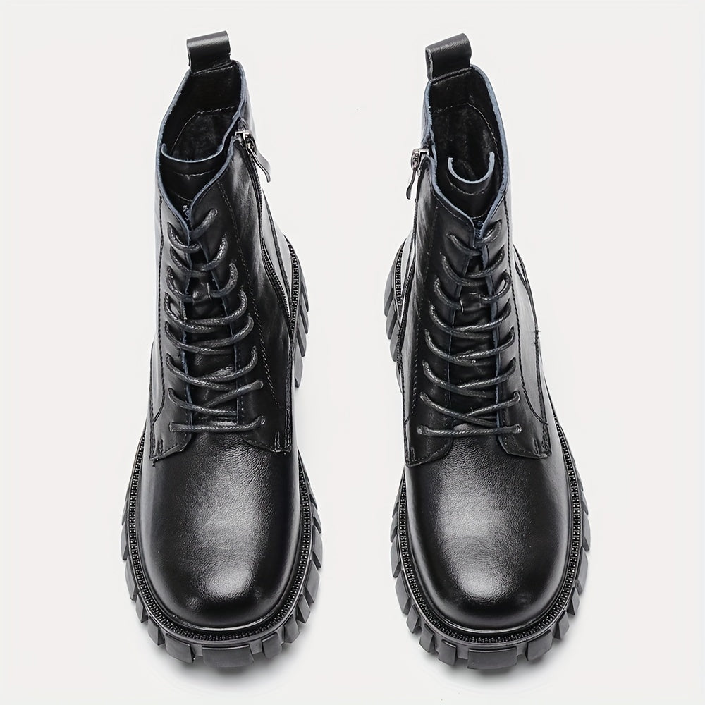 Women's Combat Boots Lace Up Chunky Heel Leather Side Zipper Boots