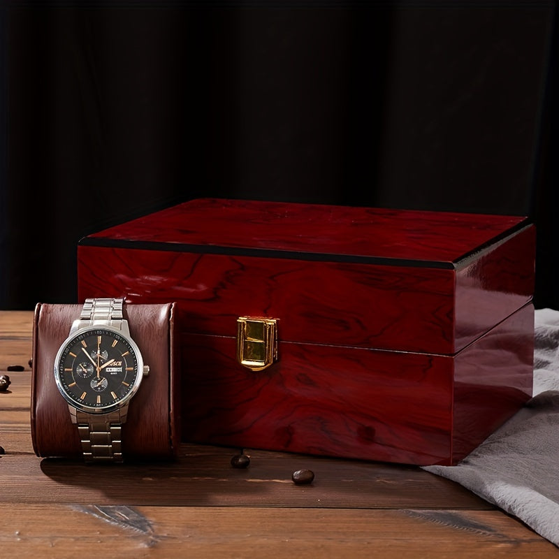 Red PU Leather Lining Wooden Watch Box