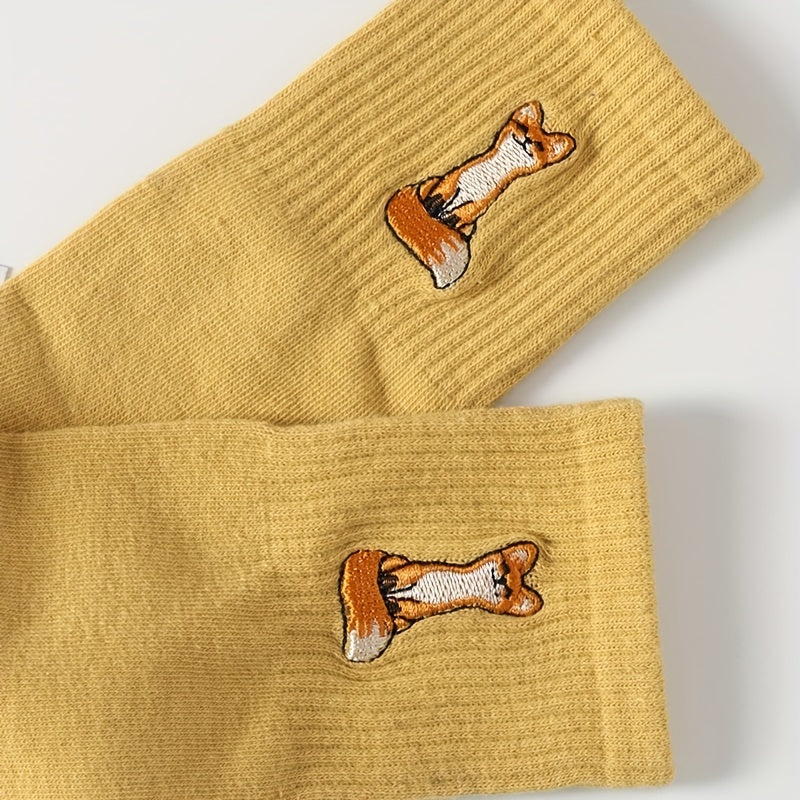 Fox Embroidery Mid Tube Socks for Women