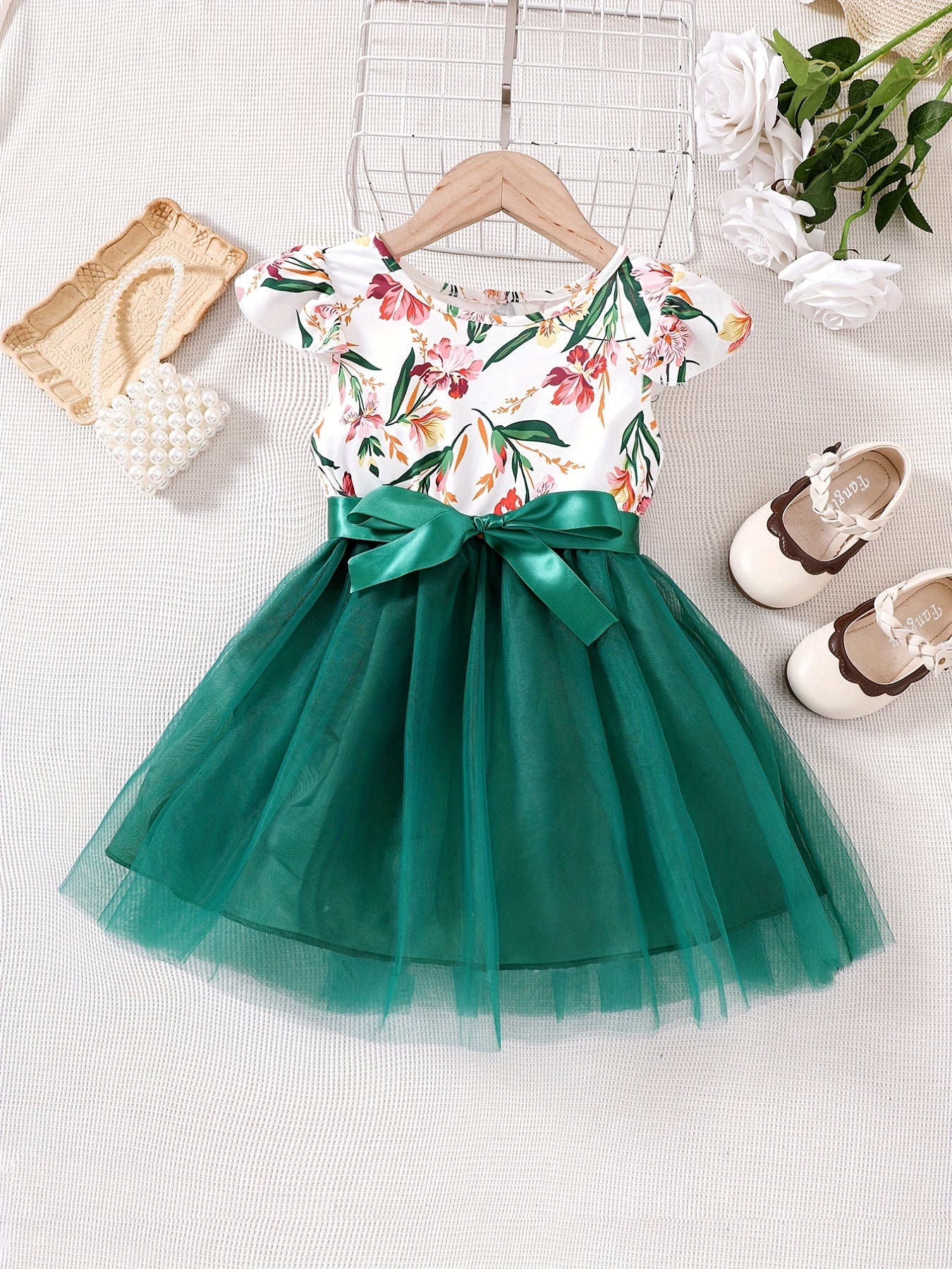 Girls Ruffled Sleeves Crew Neck Bow Floral Tulle Tutu Princess Dress