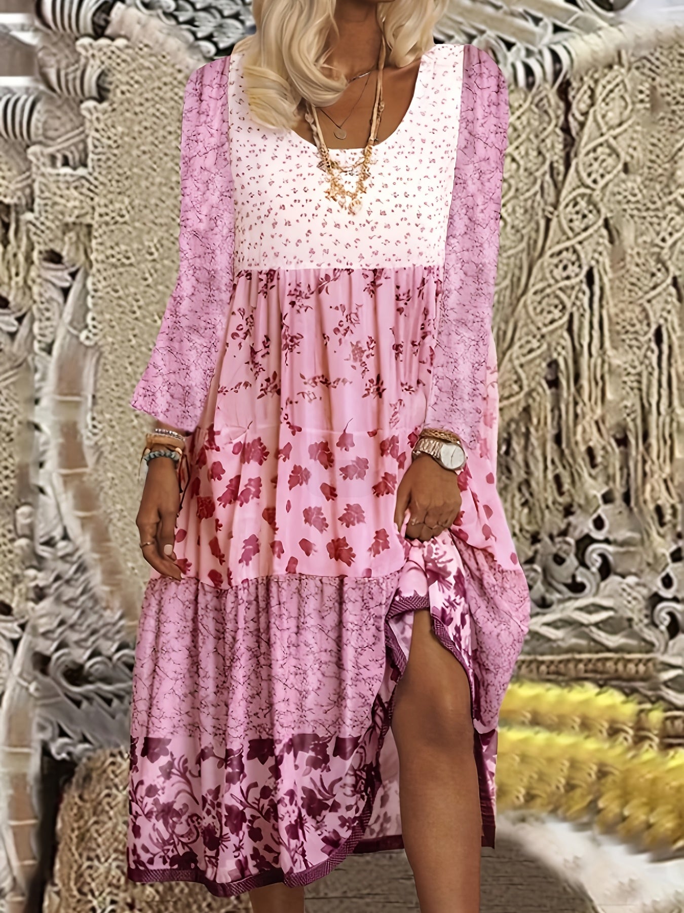  Colorblock Floral Print Long Sleeve Dress