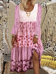 Colorblock Floral Print Long Sleeve Dress