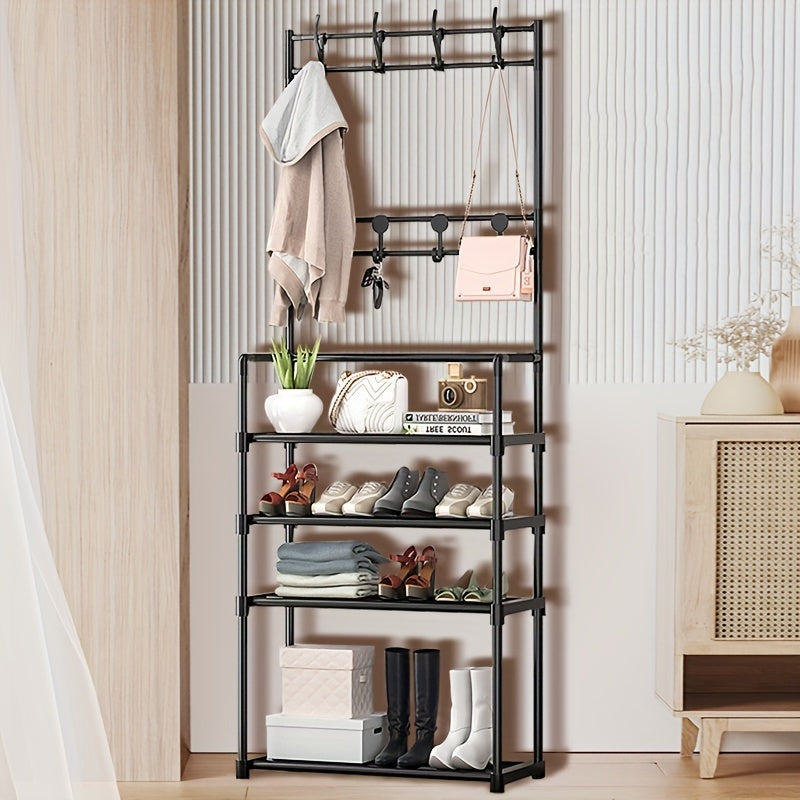 Entryway Coat Rack Shoe Rack with Storage Shelves & 8 Double Hooks