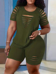Women's Plus Solid Cut Out Tee & Biker Shorts Set