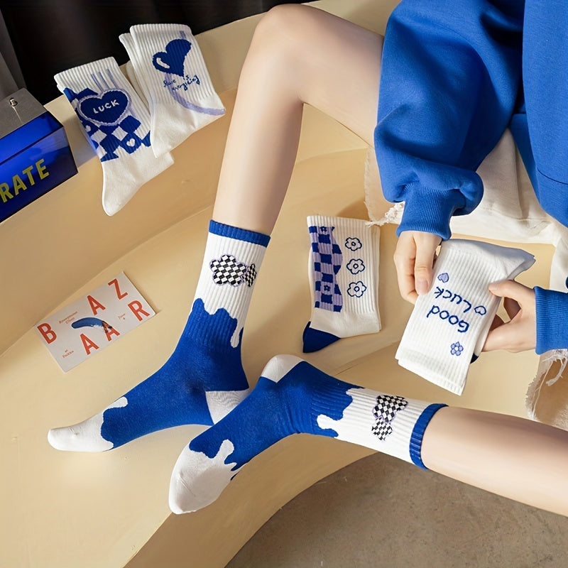 5 Pairs Heart & Floral Print Tube Socks Women's Stockings