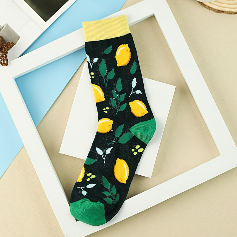 3 Pairs Lemon Print Socks Comfy & Breathable Mid Tube Socks Women's Stockings
