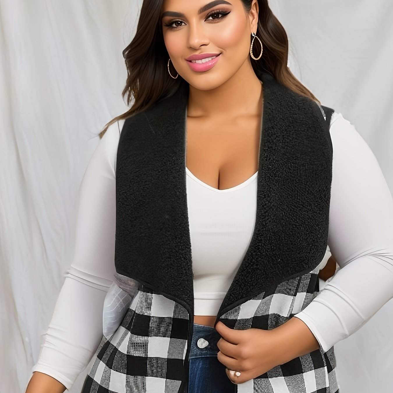  Colorblock Gingham Knit Vest