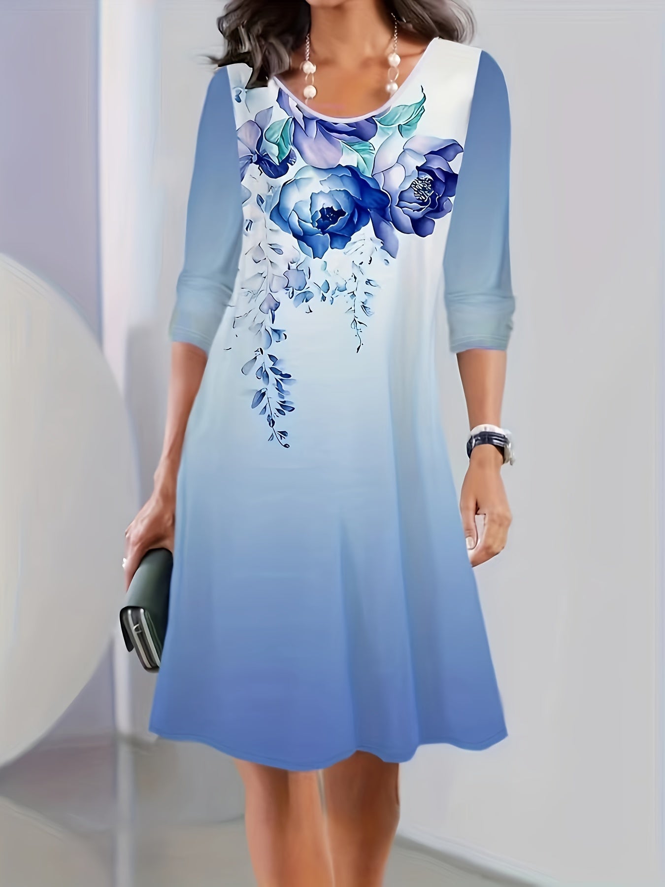  Ombre Long Sleeve Round Neck Midi Dress