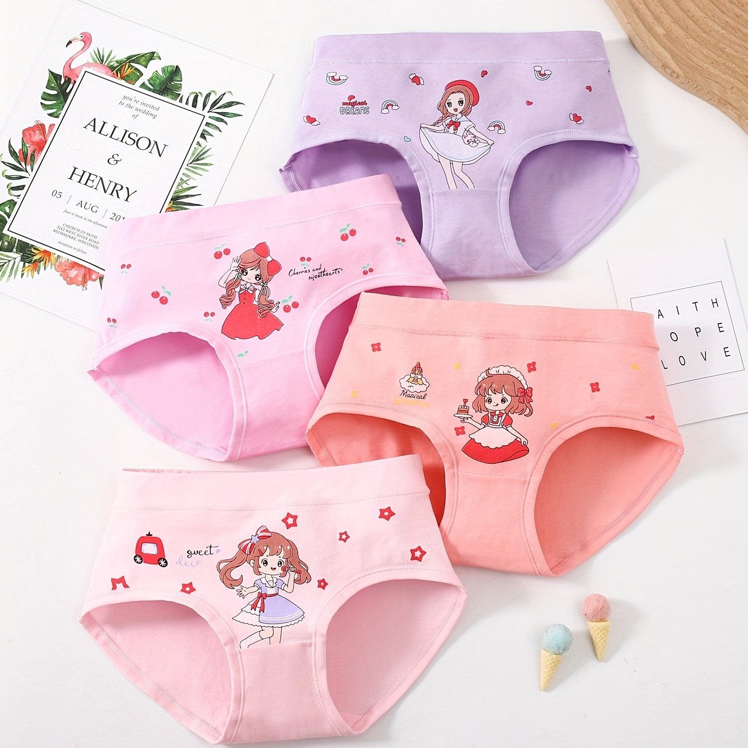 4 Pack Girls Cotton Panties Briefs Sweet Girl Pattern
