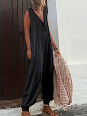  Casual Jumpsuit Solid Button Up Medium Stretch Loose Harem Jumpsuit