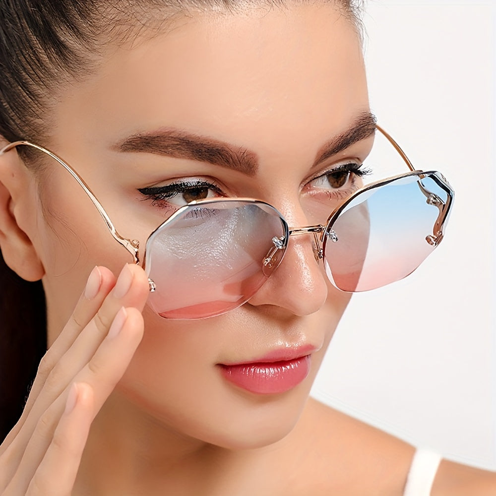 Ombre Lens Sunglasses Women Semi Rimless Metal Glasses UV400